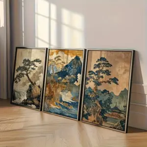 3pcs/set Japanese Mountain Trees River Landscape Canvas Print Traditional Korean Landscape Wall Art Poster for Modern Home Decor