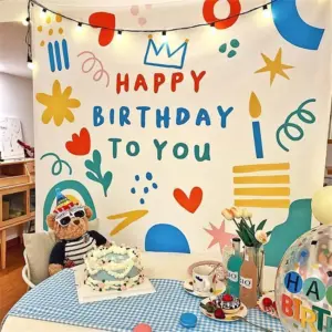 Happy Birthday Background Tapestry Cloth Kawaii Children's Room Wall Decoration Kids' Dormitory Cartoons Home Party Decor