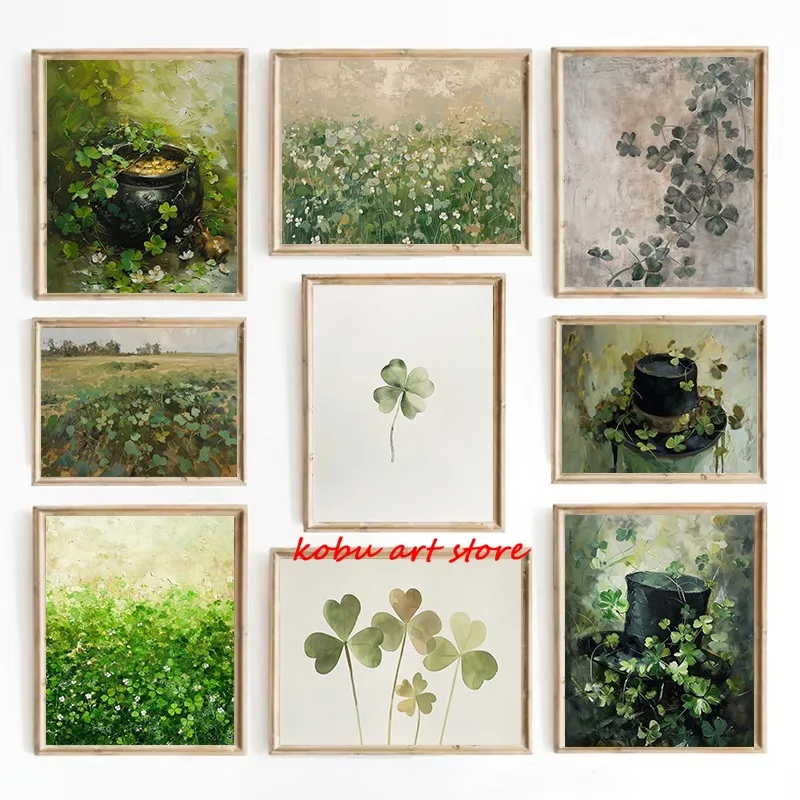 Four Leaf Clover Green Wildflower Field Shamrock Poster Print Canvas Painting St Patricks Day Wall Art Picture Home Room Decor
