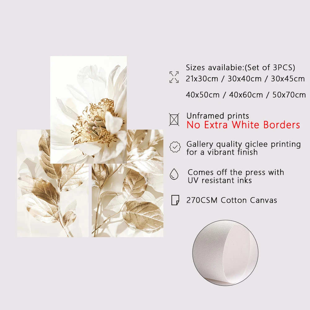 3PCS Frameless Nordic White Floral Golden Leaves Poster Wall Art Canvas Painting Prints Pictures Living Room Interior Home Decor - Image 6