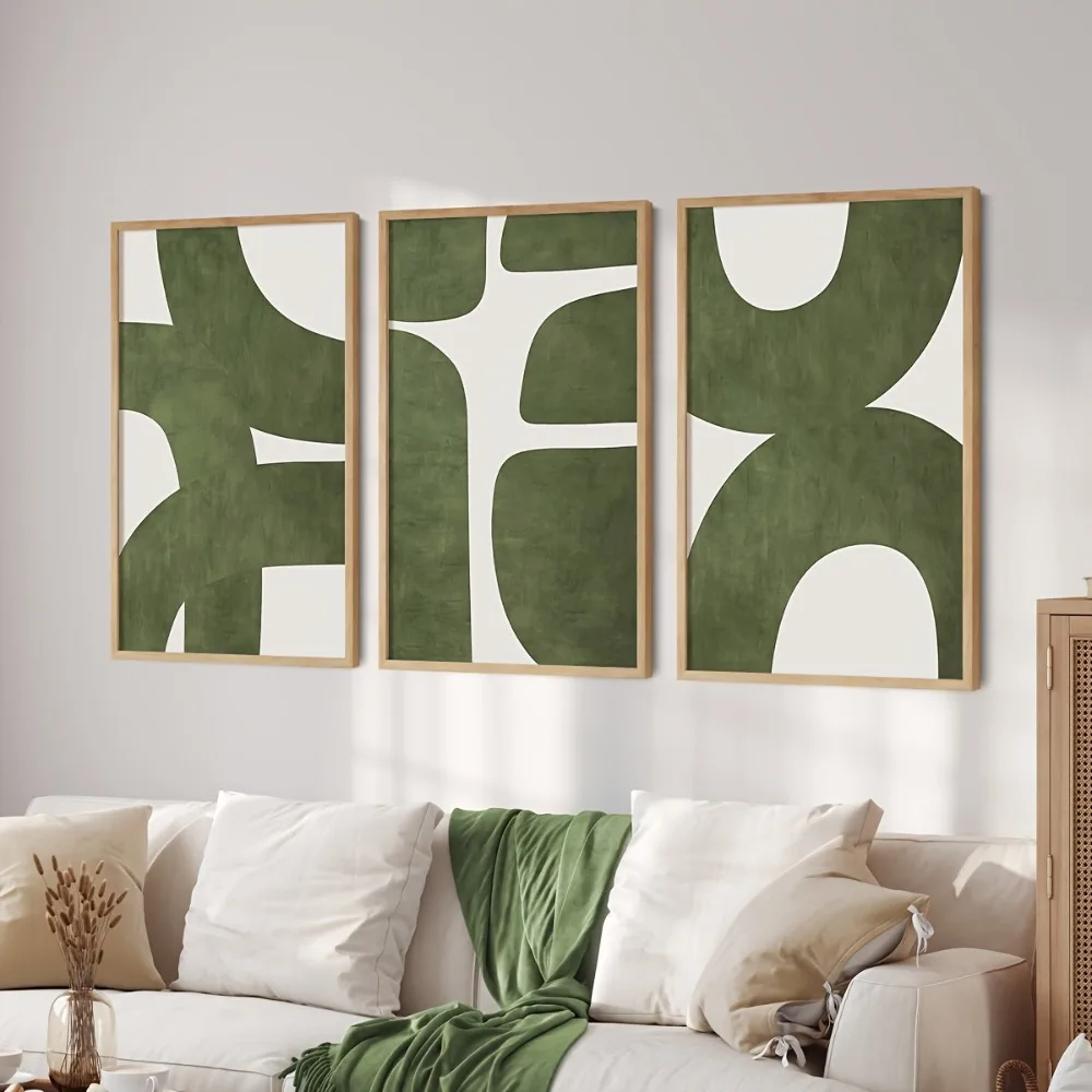 3pcs Frameless Mid-century Modern Minimalist Green Abstract Prints,Fashion Theme Canvas Posters Living Room,Bedroom Wall Decor - Image 2
