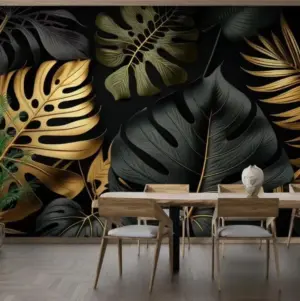 Customized wallpaper Nordic hand-painted tropical plant gold leaf mural black background turtle back leaf palm leaf 3d wallpaper