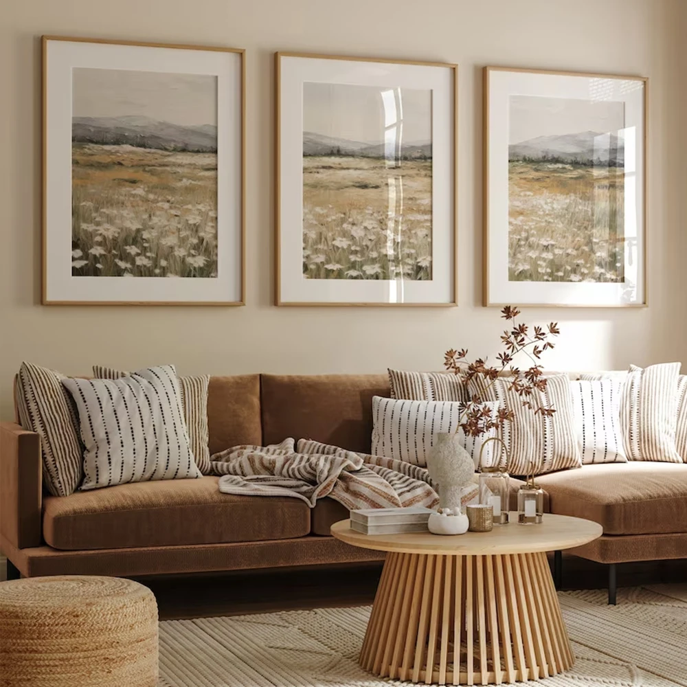 3pcs Neutral Wildflower Field Muted Country Vintage Wall Art Landscape Painting Poster Spring Living Room Bedroom Home Decor - Image 2