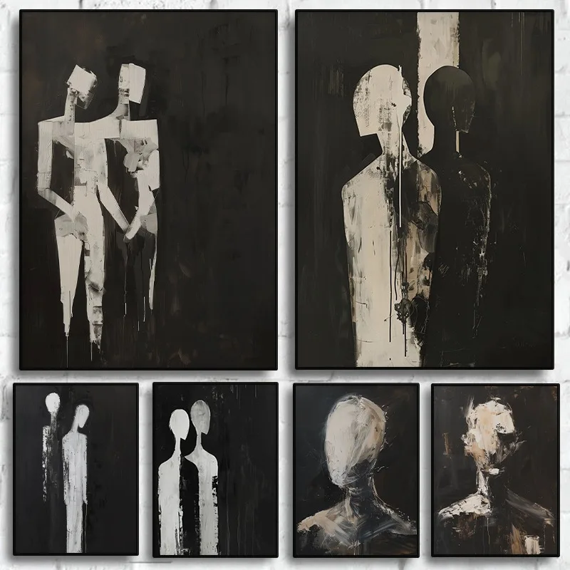 Abstract Geometric Figures Poster Black and White Modern Minimalist Brush Stroke Canvas Painting Wall Art Living Room Home Decor