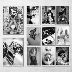 Modern Black White Fashion Women Doberman Spaniel Champagne Luxury Poster Canvas Paintings Wall Art Pictures for Room Home Decor