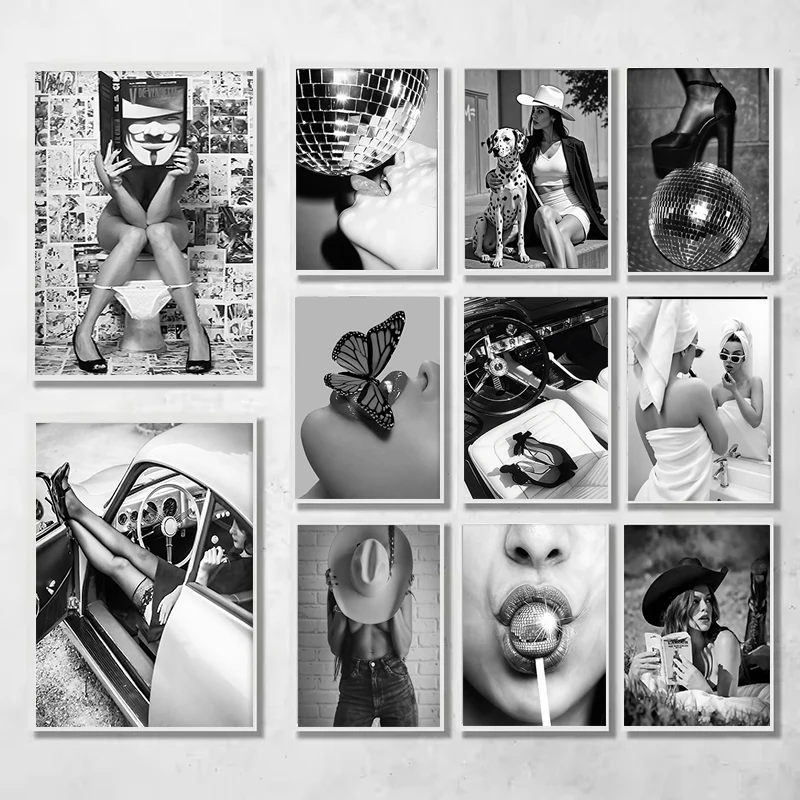 Modern Black White Fashion Women Doberman Spaniel Champagne Luxury Poster Canvas Paintings Wall Art Pictures for Room Home Decor