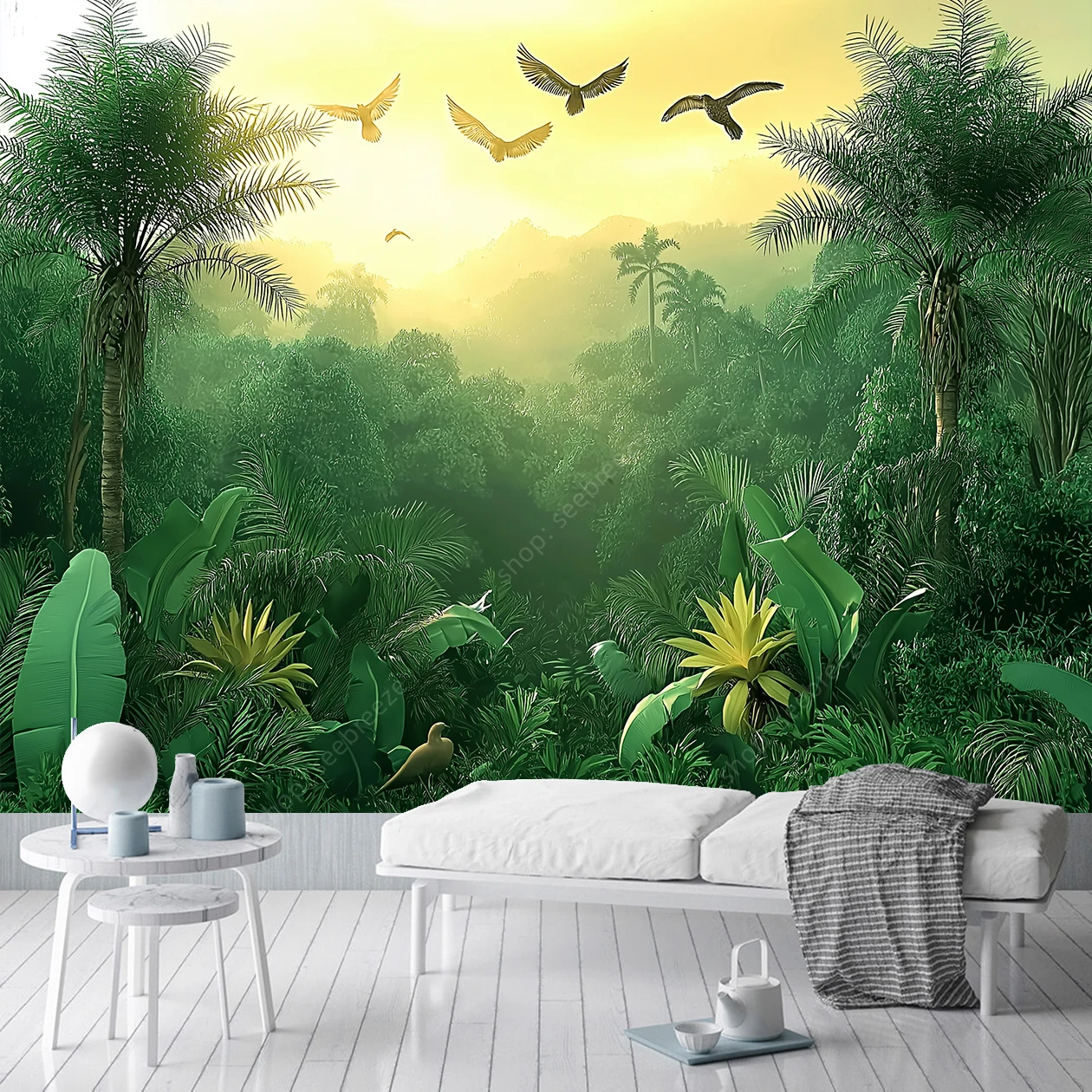 Lush Tropical Rainforest Tapestry Palm Trees Golden Bananas Soaring Birds Misty Canopy Wall Hanging Bedroom Living Room Decor - Image 5