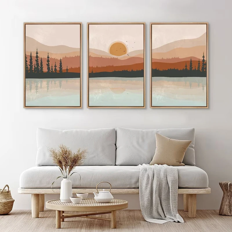 Wall Art Set of 3 Poster Sunset Forest Landscape Painting Abstract Illustrations Modern Art Minimalist Living Room Wall Decor