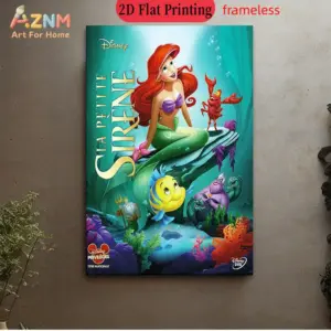 AZNM The Little Mermaid Frameless Canvas Wall Art Disney Ariel Sebastian Flounder Underwater Coral Scene Single Panel Art Print