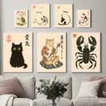 Japanese Minimalist Ink Painting Poster Cat Frog Black Cat Funny Japanese Text Canvas Art Print Living Room Home Decor Wall Art