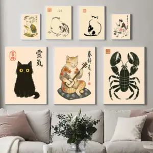 Japanese Minimalist Ink Painting Poster Cat Frog Black Cat Funny Japanese Text Canvas Art Print Living Room Home Decor Wall Art