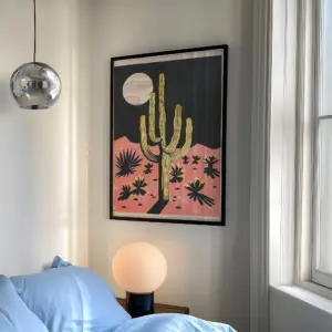 Modern Desert Night Moon Giant Cactus Wall Art Aluminum Frame Prints Canvas Painting Poster Picture For Living Room Home Decor