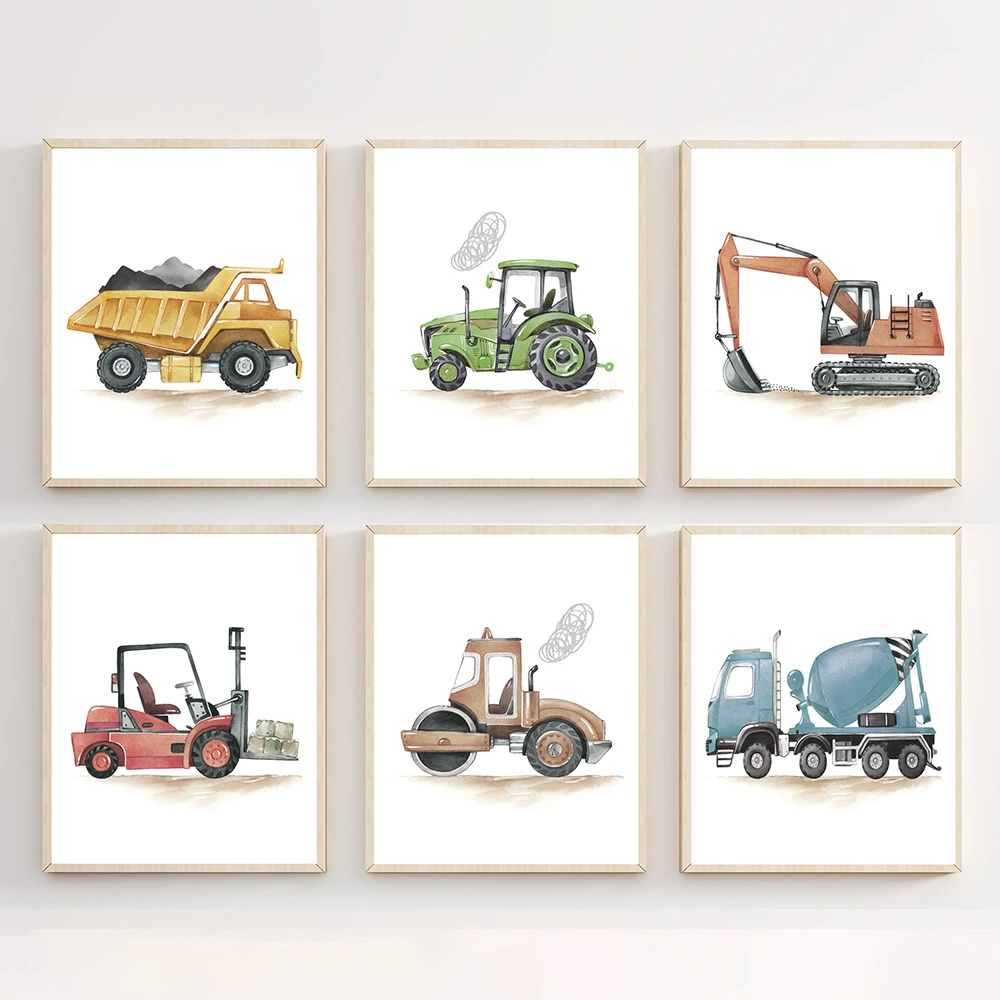 Construction Vehicle Prints Canvas Painting Boy Nursery Wall Art Decor Construction Decor Watercolor Construction Trucks Poster - Image 4