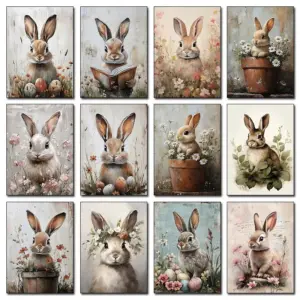 Retro Rustic Wild Rabbit Poster Print Easter Bunny & Egg-Themed Canvas Art Bohemian Farmhouse Living Room Decor
