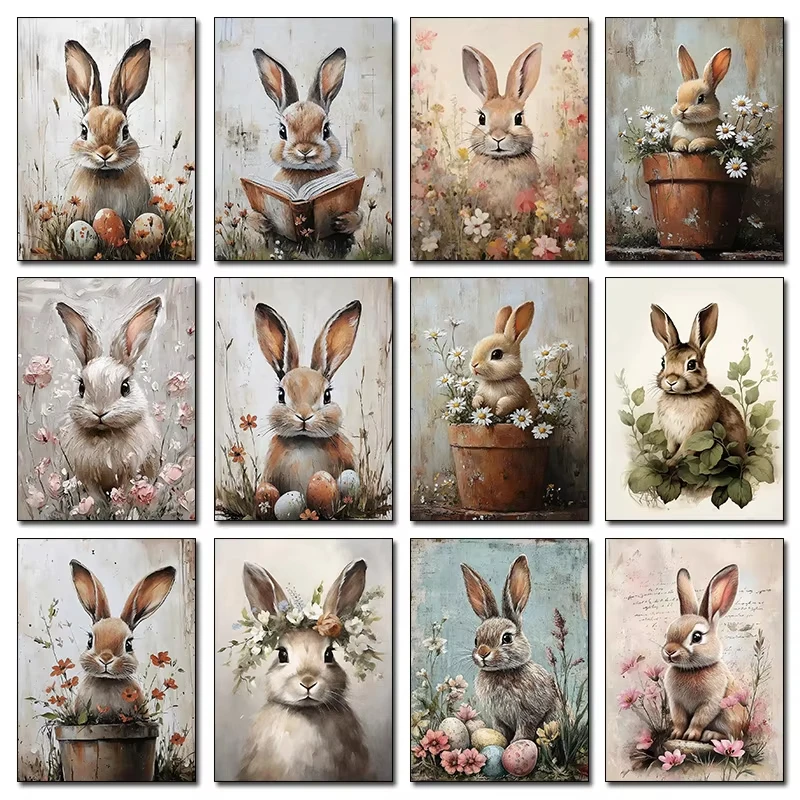 Retro Rustic Wild Rabbit Poster Print Easter Bunny & Egg-Themed Canvas Art Bohemian Farmhouse Living Room Decor