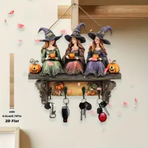 Vintage Bohemian Halloween Witch Wooden Wall Art with Hook 2D Flat Recycled Wood Wall-Mounted Decor,Witch Hat Pumpkin Decoration