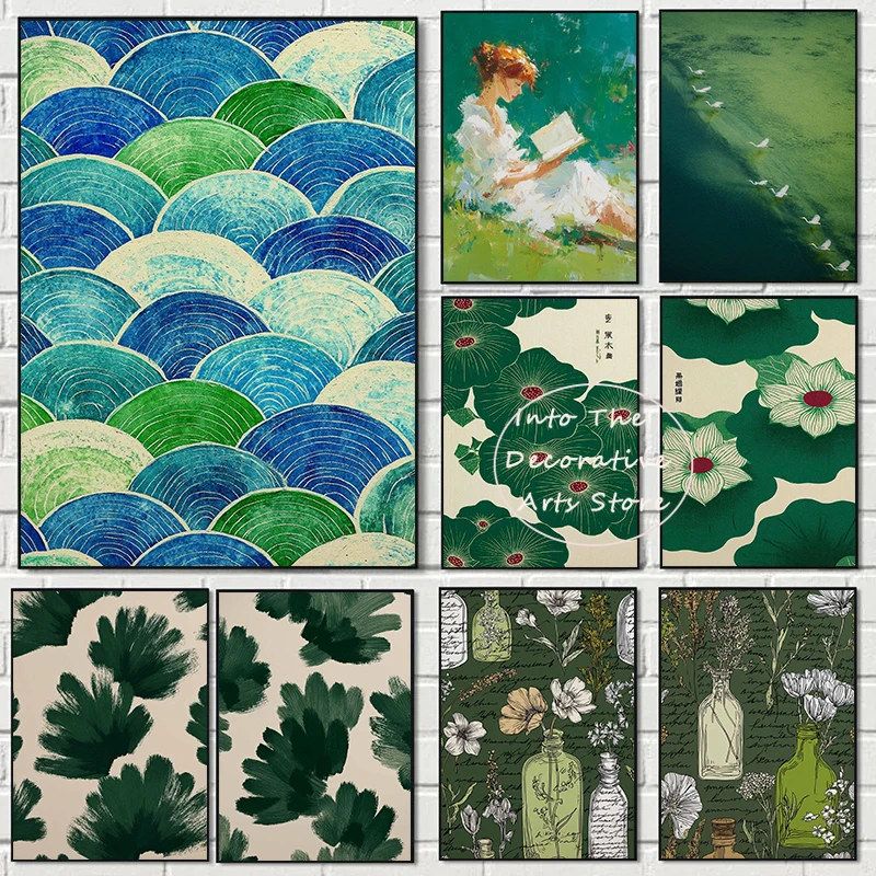 Nordic Minimalist Green Plant Art Abstraction Posters Prints Canvas Painting Wall Art Picture Living Room Home Decor