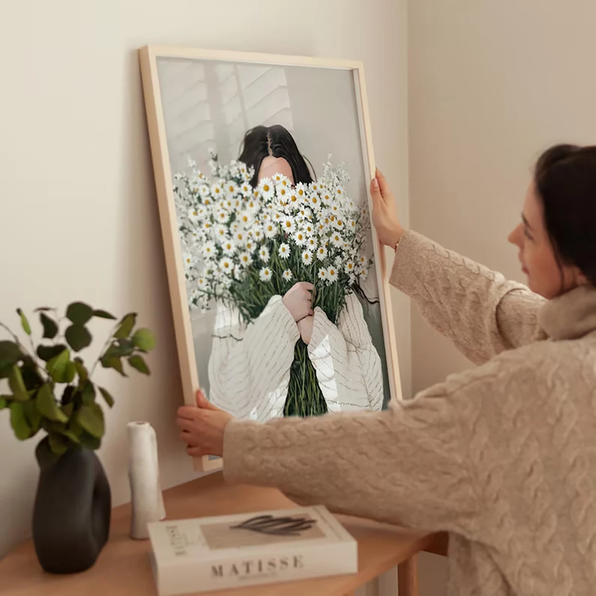 Green Abstract Figures Canvas Print with Flower Woman Minimalist Japandi Female Portrait Art Poster for Modern Living Room Decor - Image 4