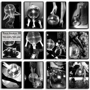 Disco Ball Tequila Cocktail High Heels Prints Black and White Fashion Poster Retro Wall Art Picture Canvas Painting Room Decor
