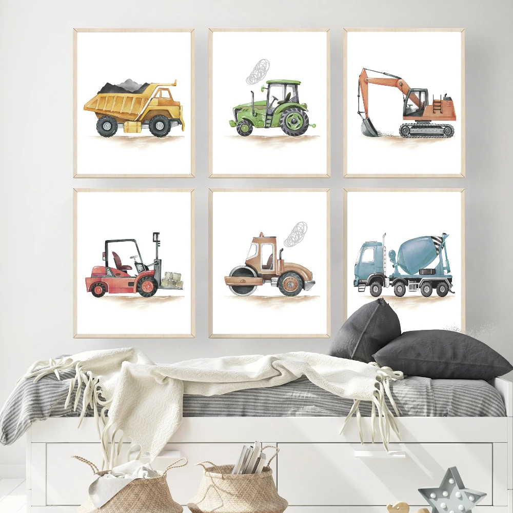 Construction Vehicle Prints Canvas Painting Boy Nursery Wall Art Decor Construction Decor Watercolor Construction Trucks Poster - Image 5