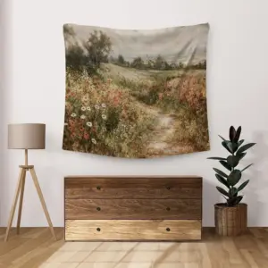 Wildflower Field Tapestry,Vintage Country Landscape Tapestry,Flower Meadow Farmhouse Wall Tapestries Aesthetic Wall Hanging for