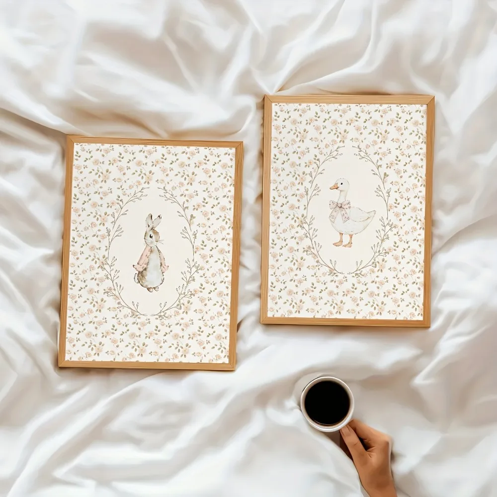 2pcs Frameless Cute Rabbit and Silly Goose Nursery Poster,Farmhouse Pollen Red Canvas Art,Living Room Decor,Whimsical Design - Image 4