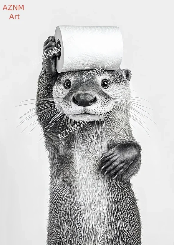 Funny Otter & Raccoon Bathroom Canvas Poster Cat Drinking Animals Black & White Wall Art Mural for Modern Living Room - Image 4