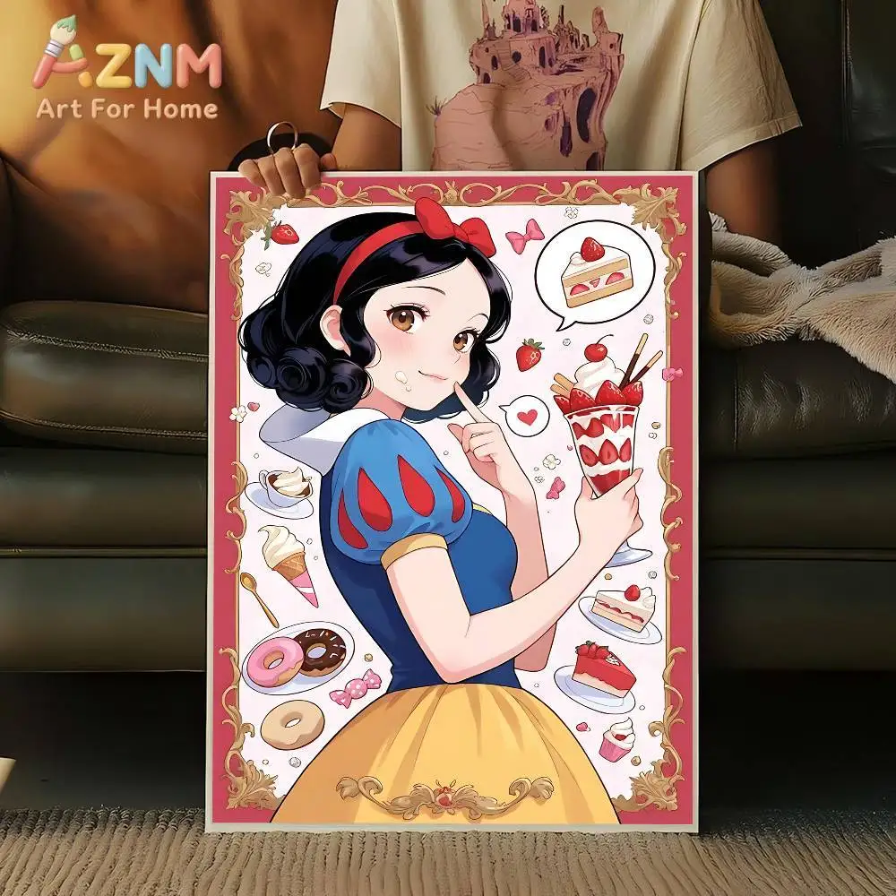 AZNM Disney Snow White Princess Sweet Dessert Animal Friends Frameless Canvas Wall Art for Girls Room Nursery Home Decor Paintin - Image 2