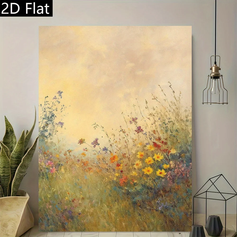 2D Flat, 1pc Wildflower Field Sunset Landscape Art Print - Frameless Vertical Canvas Wall Painting, Modern Retro Beige & Golden - Image 4