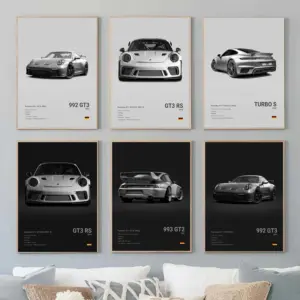 Black and White German Luxury Sports Car Posters Wall Art 911 GT3 RS Turbo Canvas Painting Pictures For Garage Living Room Decor