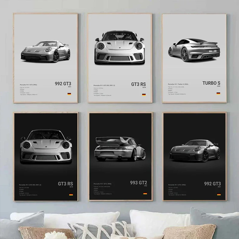 Black and White German Luxury Sports Car Posters Wall Art 911 GT3 RS Turbo Canvas Painting Pictures For Garage Living Room Decor