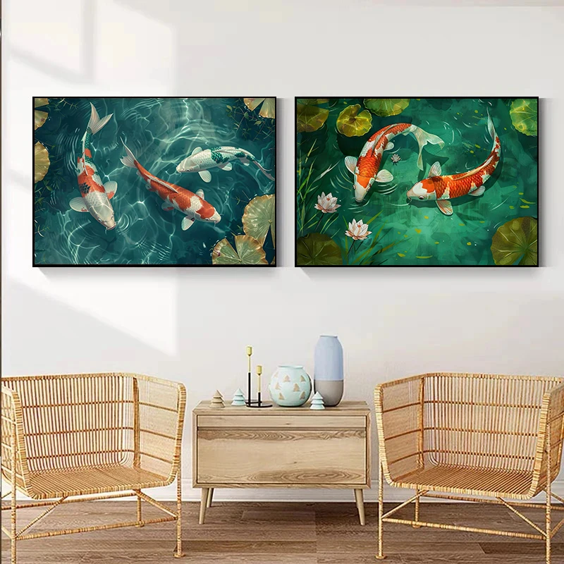 Japanese Zen Koi Fish Pine Tree Sunset Birds Landscape Posters and Prints Canvas Printing Wall Art Picture for Living Room Decor - Image 3