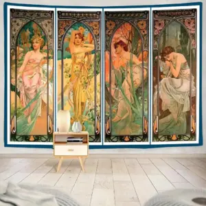Art Nouveau Four Seasons Women Tapestry – Vintage Alphonse Mucha Style Wall Art for Bedroom, Living Room or Dorm Decor