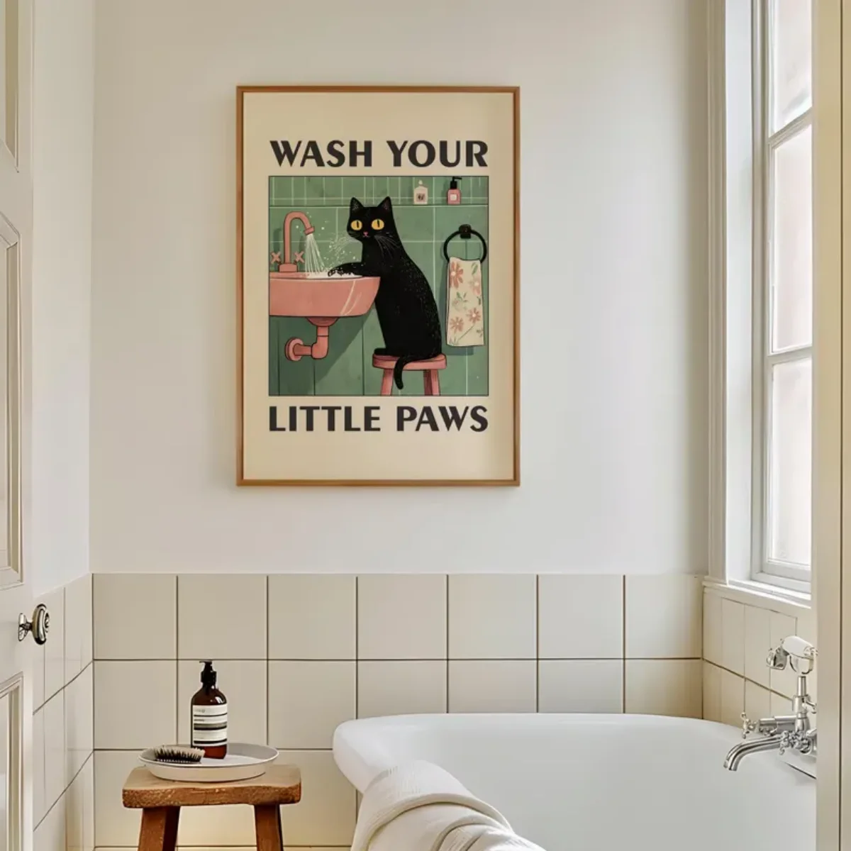 "Wash Your Paws" Cat Illustration Canvas Prints Poster Modern Funny Animal Art Prints Wash Room Bathroom Home Decor Art Poster - Image 3