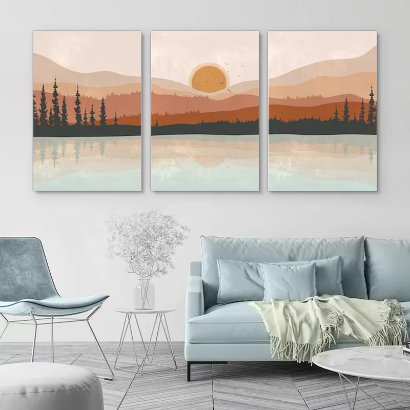 Wall Art Set of 3 Poster Sunset Forest Landscape Painting Abstract Illustrations Modern Art Minimalist Living Room Wall Decor - Image 3
