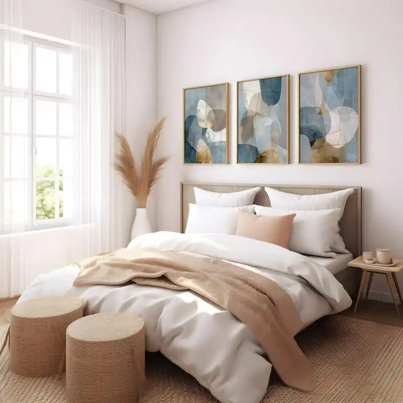 3pcs/set Abstract Blue-gray Gold Geometric Canvas Prints Neutral Earthy Pink Green Wall Art Posters for Living Room Home Decor - Image 3