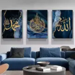 3-Piece Eid al-Fitr Islamic Calligraphy Poster Set Blue Marble Background with Gold Font Frameless Canvas Home Office Decor