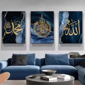 3-Piece Eid al-Fitr Islamic Calligraphy Poster Set Blue Marble Background with Gold Font Frameless Canvas Home Office Decor