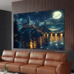Enchanted Castle Tapestry - Magical Night Scene with Moon and Lake for Home Decor and Aesthetic Beauty, Perfect for Any Room
