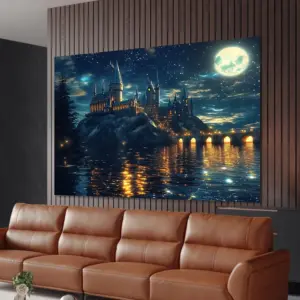 Enchanted Castle Tapestry - Magical Night Scene with Moon and Lake for Home Decor and Aesthetic Beauty, Perfect for Any Room