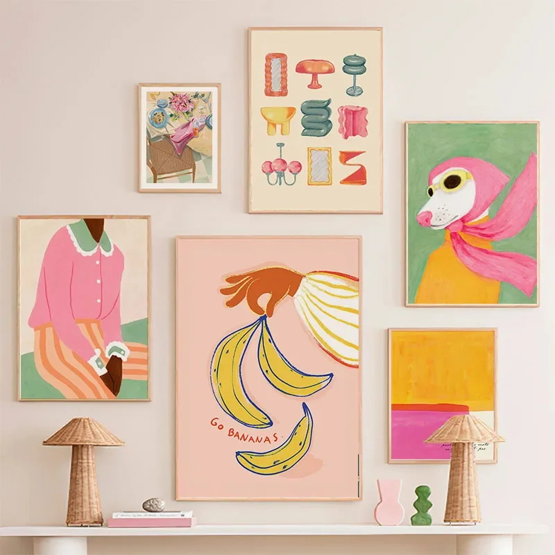 Fashion Girl Dog Vase Flower Banana Abstract Posters and Prints Wall Art Canvas Painting Picture Hotel Bar for Living Room Decor - Image 2