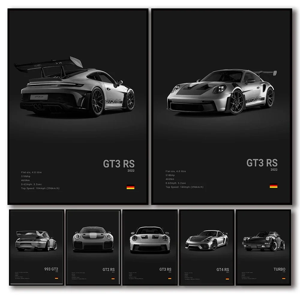 Pop Black and White Germany Luxury Super Sport Car Poster Aesthetic 911 GT3 RS Turbo Canvas Print for Wall Art Garage Room Decor