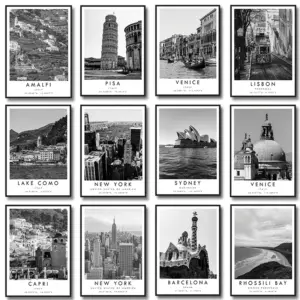 Famous Cities  Venice New York Sydner Capri Barcelona Poster Black and White Travel Wall Art Canvas Painting Prints Home Decor