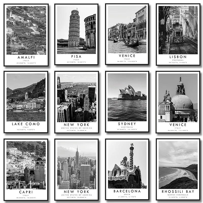 Famous Cities Venice New York Sydner Capri Barcelona Poster Black and White Travel Wall Art Canvas Painting Prints Home Decor