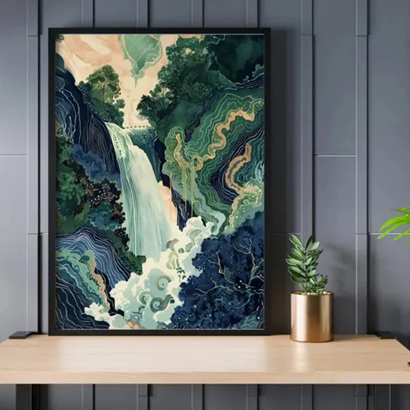 Hokusai Ukiyo-e Blue Green Japanese Waterfall Asian Landscape Poster Canvas Printing Vintage Wall Art Picture Home Room Decor