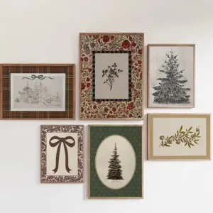 Vintage Christmas Tree Sketch Winter Botanical Bow Holiday Cottagecore Poster Canvas Painting Wall Art Pictures Home Decor