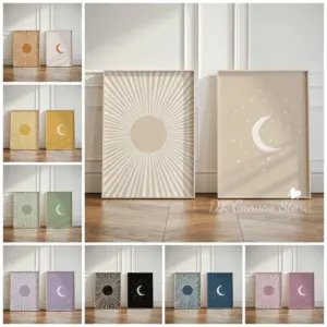 2pcs/set Boho Sun Moon Stars Canvas Prints Poster Mid Century Minimalism Crescent Art Prints Home Decor Art Poster Ramadan Gifts