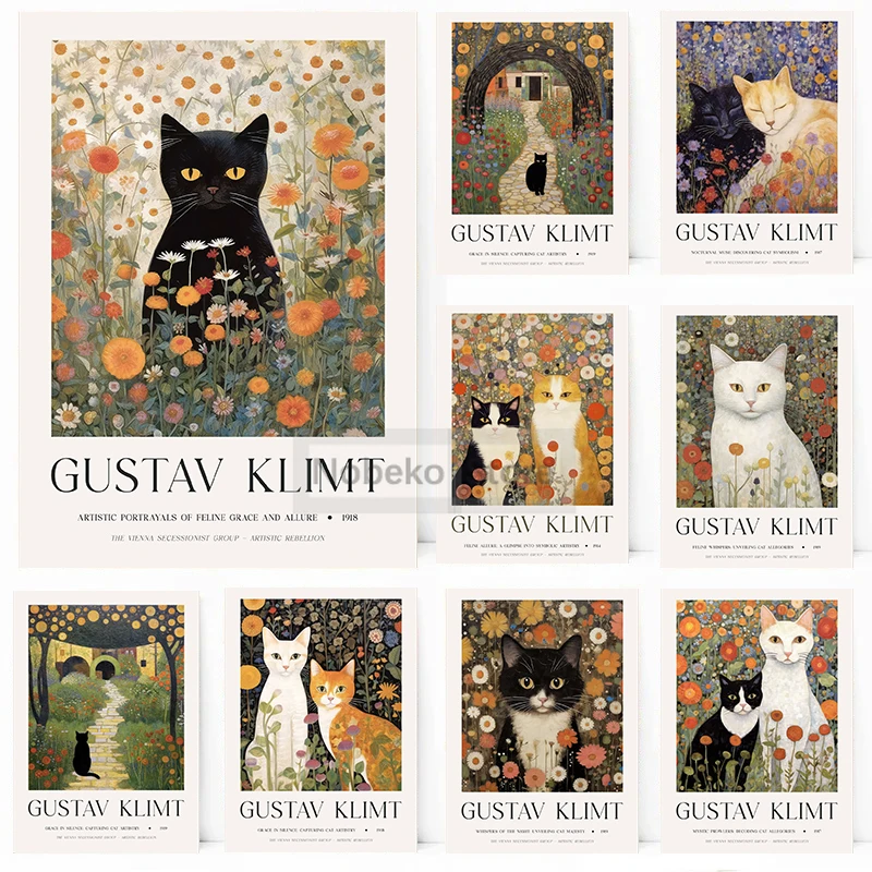 Gustav Klimt Cat Painting Works Posters Klimt Exhibition Impressionism Animals Prints Canvas Wall Art Pictures Home Room Decor