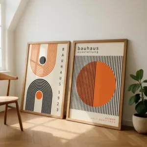 Frameless Orange Geometric Bauhaus Poster Canvas Painting, Mid-century Modern Art, Living Room Bedroom Wall Art Decoration