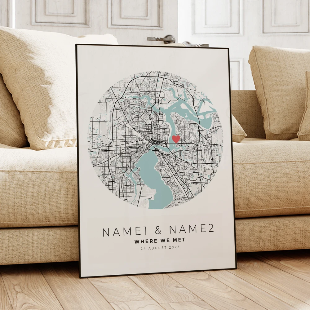 Modern Personalization Custom City Map Couple Anniversary Where We Met Wall Art Framed Print Picture Living Room Home Decor Gift - Image 2